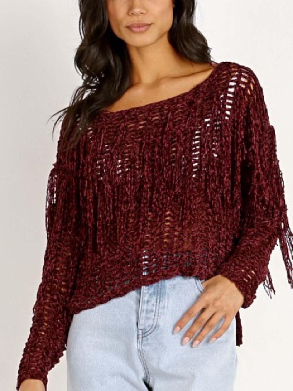 Shaggy Fringed Burgundy Soft Knit Boho Sweater